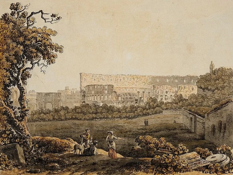 Paesaggio romano con il Colosseo e il personale figurale
